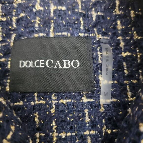 Dolce Cabo Gold Button Tweed Blazer Navy Blue Shoulder Pads Fringe Hem Size M - Picture 9 of 12